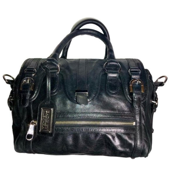 Badgley Mischka Cherise Black Leather Convertible Satchel - Picture 5 of 16